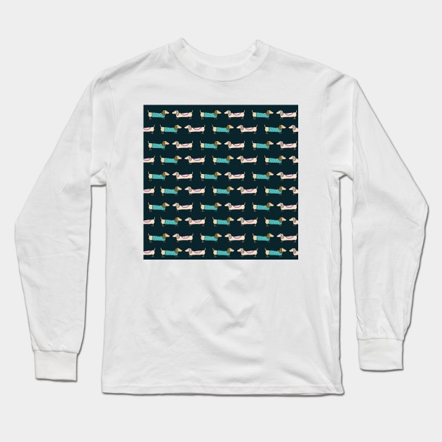 Cute dachshunds in dark blue Long Sleeve T-Shirt by bigmoments